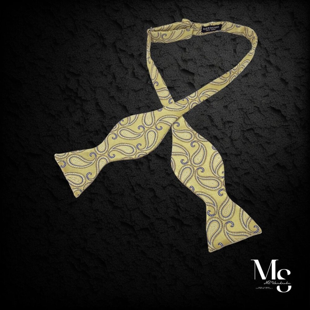 HERMOSO Yellow Paisley Adjustable Self Bow Tie Silk W: 2.9" EX COND